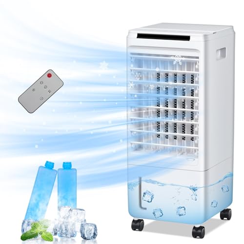 Fullwatt Mobiler Luftkühler 7 Liter Kapazität, Mobile Klimageräte mit 2 Kühlakkus, 80W, 3 in 1 Luftbefeuchtung Ventilator, Wasserkühlung Luftbefeuchtung 3 Geschwindigkeitsstufen Klimagerät (Weiß-7L)