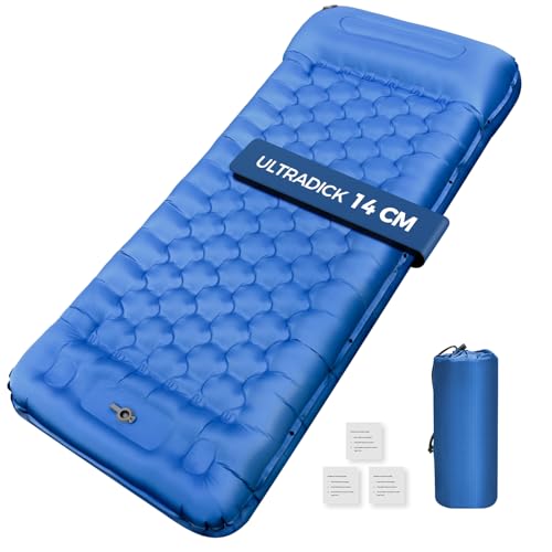 Isomatte Selbstaufblasend für Camping, 14 cm Selbstaufblasende Isomatte mit Eingebauter Fußpresse Pumpe & Kissen, Wasserdicht Selbstaufblasbare Luftmatratze für Wandern, Strand, Reisen, Zelt(Blau)