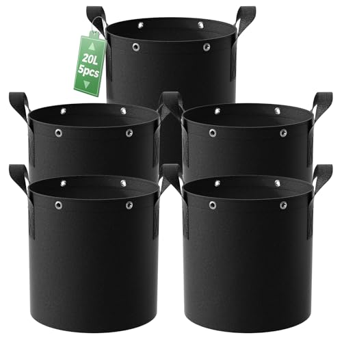 Estefanlo 5 Stück 20L Pflanzsack, Stofftöpfe aus Vliesstoff mit Griffen für Gemüse Pflanztasche für Kartoffeln,Tomaten und Erdbeeren,Schwarz Stofftopf,Grow Zubehör 5 Gallonen