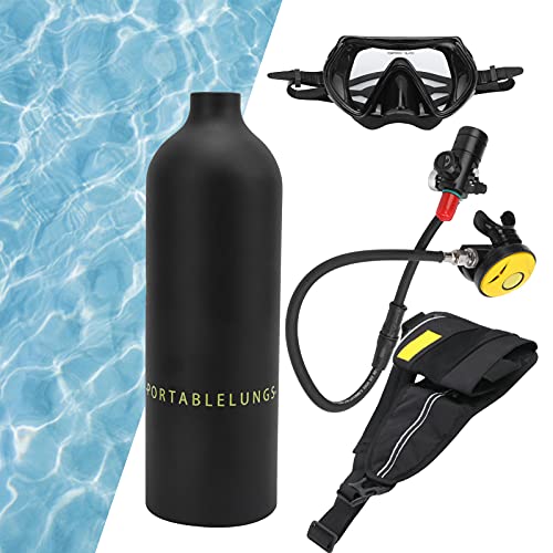 EIMSOAH Mini-Tauchflasche, 1 L Tauchflasche, Tragbare Tauchflasche, Mini-Tauchflasche, Tauchset mit Entlüftung, Überdruckventil, Tauchgerät, Gurt, Taucherbrille (Schwarz)
