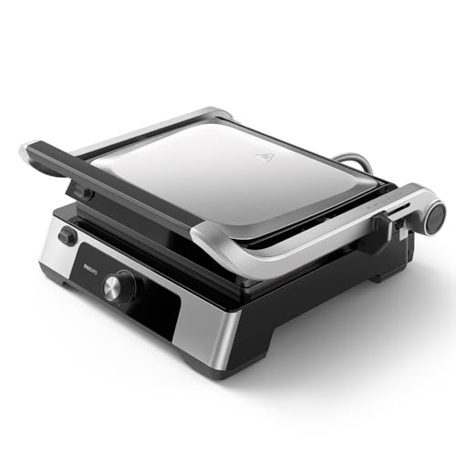 Philips Kontaktgrill - Einstellbare Temperatur 60°C-200°C. 180° aufklappbar. Große Grillfläche und High Power-Leistung. Abnehmbare Antihaft-Platten und Fettauffangschale. (HD6301/90)