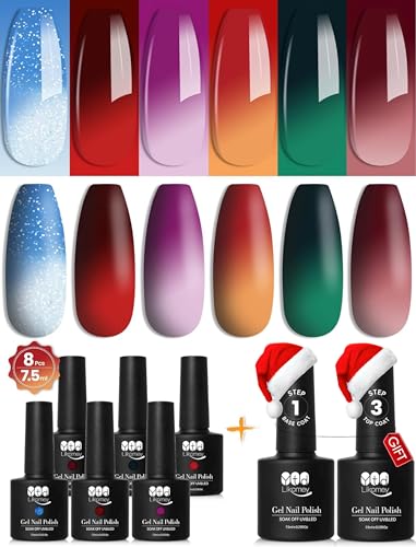 YTD Likomey UV Nagellack Farbwechsel Thermo Set,8 Pcs 6 Farben Mit Base und Top Coat Kit,Soak Off UV Chamäleon Shellac Gelnägel Rot Grün Blau Violett Mehrfarbig Farbgel,7.5ml