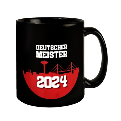 Leverkusen Tasse in Schwarz mit Spruch Deutscher Meister 2024 Fanartikel für Leverkusen-Fans Fußball-Liga Triumph Meisterschale Symbol NRW