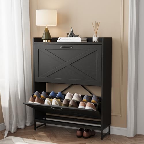 VOWNER schmal Schuhschrank 2 Klappen, verstellbar Schuhregal Schuhkipper, platzsparend Schuhablage für Flur, Schuhaufbewahrung 80 x 24 x 101 cm, 12–16 Paar Schuhe, Schwarz