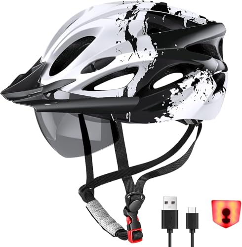 RaMokey Fahrradhelm Erwachsene mit Licht,Radhelm, Cityhelm Urban Fahrradhelm für Herren Damen mit Abnehmbarer Magnetische Schutzbrille Visier, Fahrrad Helm mit 18 Belüftungskanäle57-62cm (White)