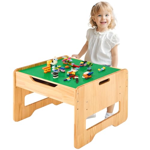 FUNLIO 2-in-1 Aktivitätstisch aus Massivholz für Kleinkinder ab 3 Jahren, Höhenverstellbar Kinderspieltisch mit 450 Bausteinen und großem Stauraum, Holzspieltisch für Spiel/Lernen, CPC Zertifiziert
