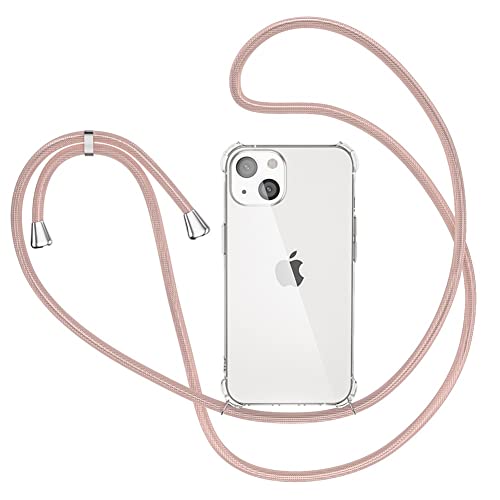 XTCASE für iPhone 13 Hülle mit Band Transparent Handyhülle Stossfest Schutzhülle - Schnur mit Case zum Umhängen in Roségold