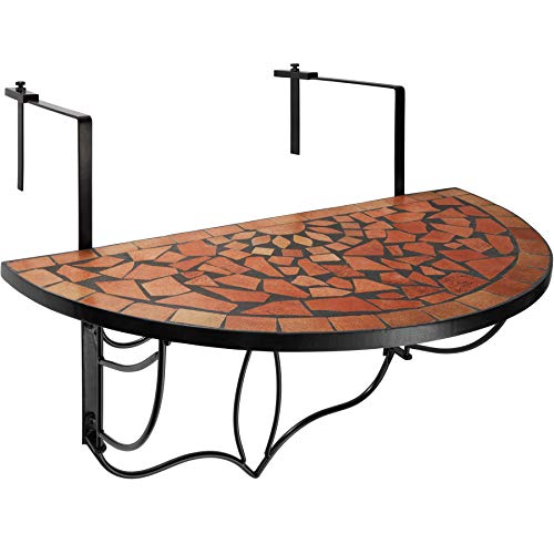 tectake® Balkonhängetisch Mosaik, halbkreisförmiges Design, Balkontisch klappbar, Massive Steinmosaik-Tischplatte, Balkontisch mit Metallhaken, Hängetisch für Terrasse und Balkon - Terracotta