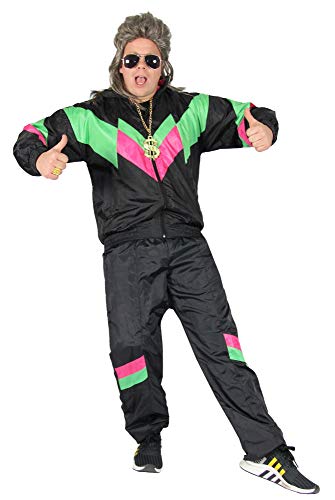 Foxxeo 80er Jahre Kostüm für Erwachsene Premium 80s Trainingsanzug Assianzug Assi - Herren Größe S-XXXXL - Fasching Karneval Anzug, Farbe Schwarz-grün-pink, Größe: L