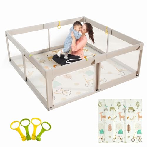 Mloong Laufgitter Baby mit Spielmatte, Mittelgrau Laufstall Baby, 150x150x68cm Laufstall xxl, Laufgitter mit Atmungsaktivem Netz an Vier Seiten und Saugnäpfen