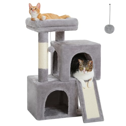 PETEPELA Kratzbaum 77cm mit Dual Condos für Wohnungskatzen, All-in-One-Katzenhaus mit gepolsterter Sitzstange und Pfosten und austauschbaren Bällen Grau