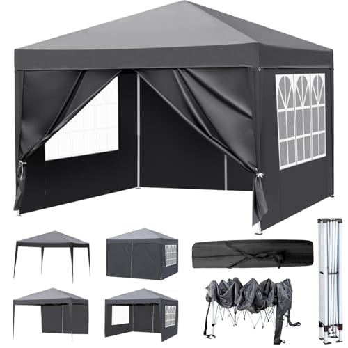 LEADZM Pavillon 3x3m,Pop-up Faltpavillon,Wasserdichter,Winterfest,Höhenverstellbar,UV Schutz 50+,Stahlrahmen,fur Garten,Party,Camping,Outdoor,mit 4 Seitenteilen,Dunkelgrau