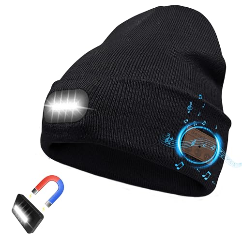 seenlast Bluetooth Mütze mit Licht, Geschenke für Männer,Unisex Mütze mit Musik & Kopfhörer & Lautsprechern, LED Mütze zum Camping Laufen Wandern, Weihnachten Gadget Geschenk