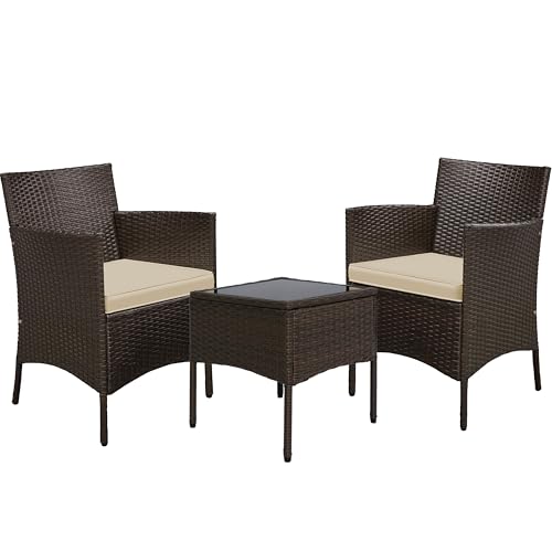 Yaheetech Balkonmöbel Set, Gartenmöbel-Set 3 TLG. inkl. 2 Stühle mit Sitzkissen & Tisch, Terrassenmöbelset Gartensitzgruppe Lounge Set aus PE-Polyrattan für Balkon/Terrasse, Braun-Khaki