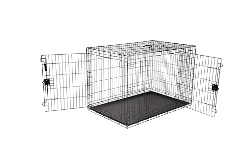 Amazon Basics Zusammenklappbarer Hundekäfig aus Metalldraht mit Bodenschale, Doppeltür, Schwarz, L 122 x B 76 x H 83 cm