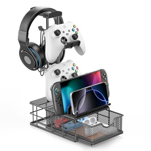 KDD Headset Halterung mit Schublade - Gaming Headset Ständer für den Schreibtisch - Aluminium Kopfhörer Ständer mit Kabel Organizer - Universal Controller Halter für Gaming PC-Zubehör Lagerung