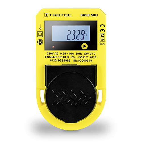TROTEC Stromzähler für Steckdose BX50 MID – Messgerät Stromverbrauch – Messbereich 57,5 bis 3.680 W, Anzeige in Watt, Volt, Ampere, Wirkleistung, Leistungsfaktor, kWh, Frequenz