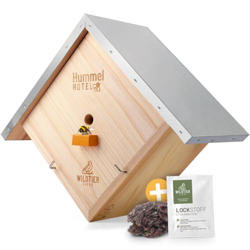 wildtier liebe Hummelhotel zum Aufhängen I Geschraubtes Massivholz, Set - inkl. Lockstoff & Nistmaterial I Nisthilfe für Hummeln aus wetterfestem Holz, Hummelhaus, Insektenhotel für den Garten