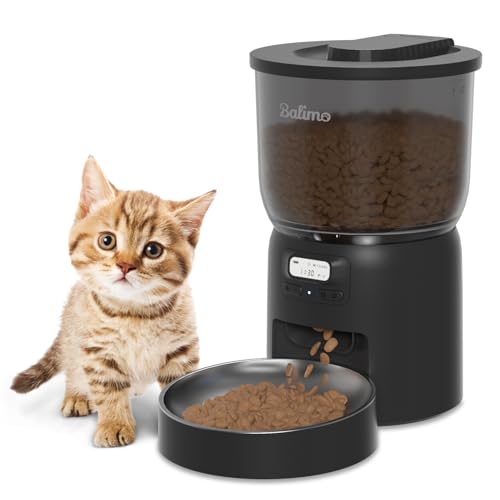 Balimo Futterautomat Katze 3L, Katzenfutter Automat mit Programmierbarer Timer, Futterautomaten für Katzen und Hunde,1 bis 6 Mahlzeiten pro Tag, mit Edelstahlschüssel, Schwarz