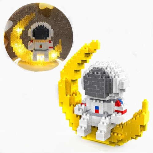 HIGH GODO Space Astronaut Mini Klemmbausteine Set mit LED, 338 Teile Astronaut Mond Micro Bausteine Figuren, Ideen Deko Modell Ostern Geschenke für Kinder Jugendliche Erwachsene