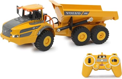 JAMARA 405056 - Muldenkipper Volvo A40G 1:20 2,4GHz- originalgetreue Knicklenkung, Kippmulde hoch / runter, realistischer Motorsound (abschaltbar), Demomodus, 2 Radantrieb, Auto-Standby-Modus, gelb