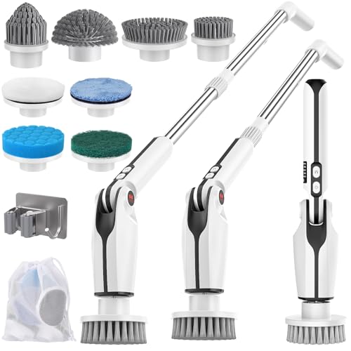 Elektrische Reinigungsbürste, 8 in 1 Electric Spin Scrubber mit austauschbaren Bohrbürstenköpfen,Wanne und Bodenfliese mopSet,Elektrische Putzbürste mit Verstellbarem Griff für Bad Küche Auto Fußboden