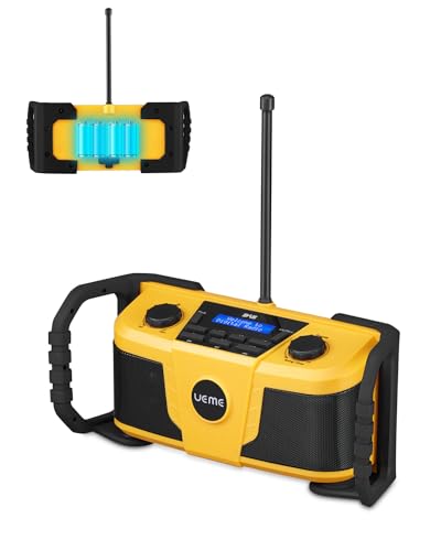 UEME Baustellenradio DAB Plus Radio Mit Akku,Outdoor Radio Mit Bluetooth, DAB+, FM Und Aux, Radiowecker, Inklusive DC Netzkabel (Gelb-Schwarz)