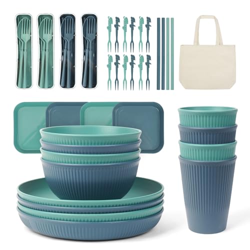 ZgoEC 53pcs Camping Geschirr Set 4 Personen, Unzerbrechliches Campinggeschirr 4 Personen, Leicht Plastikgeschirr Set mit Tragetasche, Stapelbar Teller Schüsseln, Picknick Tafelsevice für BBQ Garten