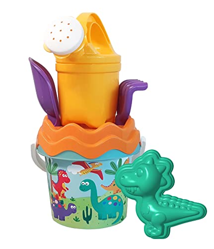 Dino Baby Eimergarnitur, Sandspielzeug, 6 Teile, Eimer, Sieb, Sandform, Schaufel, Rechen, Gießer, 11cm, D:14cm, ab 10 Monate