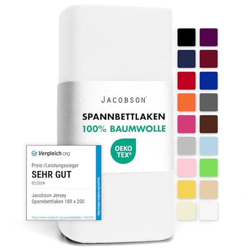 Jacobson Jersey Spannbettlaken Spannbetttuch Baumwolle Bettlaken (140x200-160x200 cm, Weiss)