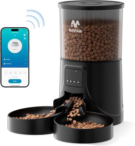 IMIPAW Futterautomat Katze WiFi 2.4G: APP-Steuerung Trockenfutterspender für 2 Kleine Hunde und Katzen 4L, Programmierbare Zeitschaltuhr, 1-10 Mahlzeiten pro Tag, Trockenmittelbeutel