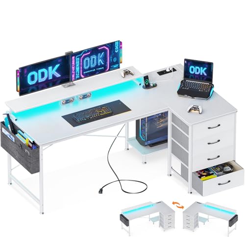 ODK Eckschreibtisch mit 4 Stoff Schubladen, 160x80cm Reversible Schreibtisch L Form mit 2 Steckdosen und 2 USB Ladeanschluss, Gaming Tisch L Form mit LED&Monitorständer für Home Office, Weiß