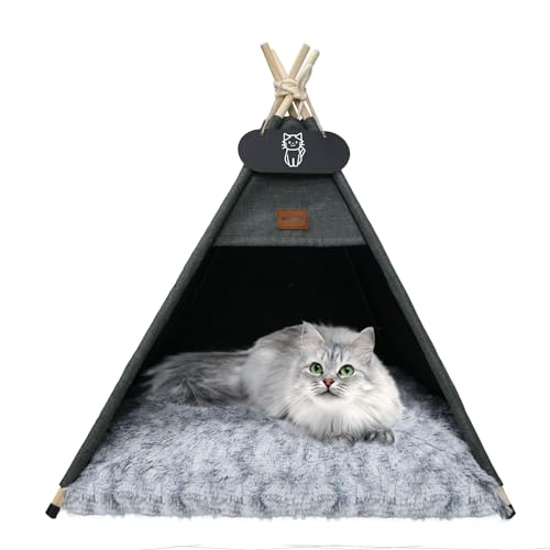 Whiwhi Tipi Zelt für Haustiere Katzenzelt mit Doppelseitiger Plüsch Matte Luxery Hundezelte Hundehöhle Abnehmbar und Waschbar Haustierhäuser 50x50x60cm