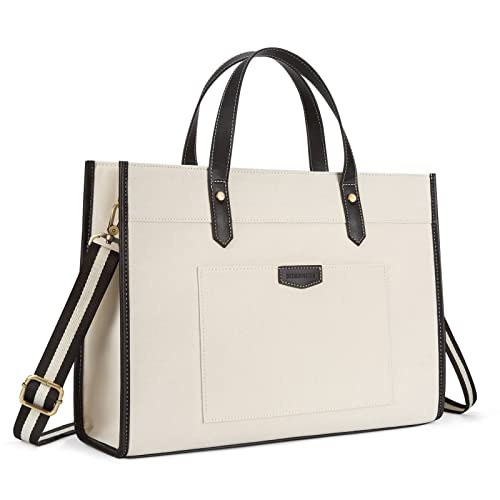 Missnine Laptoptasche 15,6 Zoll Handtasche Damen Business Arbeitstasche Shopper Groß Canvas Tasche Lehrertasche, Aktentasche für Büro Uni, Schwarz & Beige