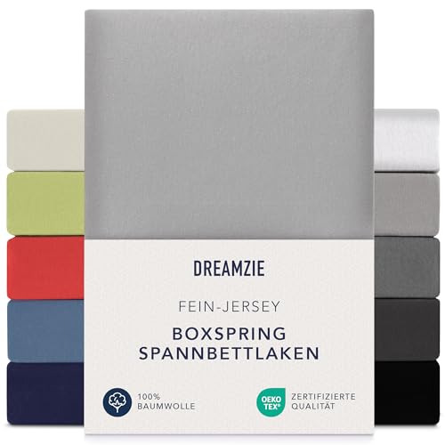 Dreamzie Premium Spannbettlaken 180x200 cm - 200x200 cm - 37cm Seitenhöhe - auch für Boxspringbett & Wasserbett - Bettlaken Boxspringbett 100% Jersey Baumwolle, 150 g/m² - Oeko-TEX - Grau