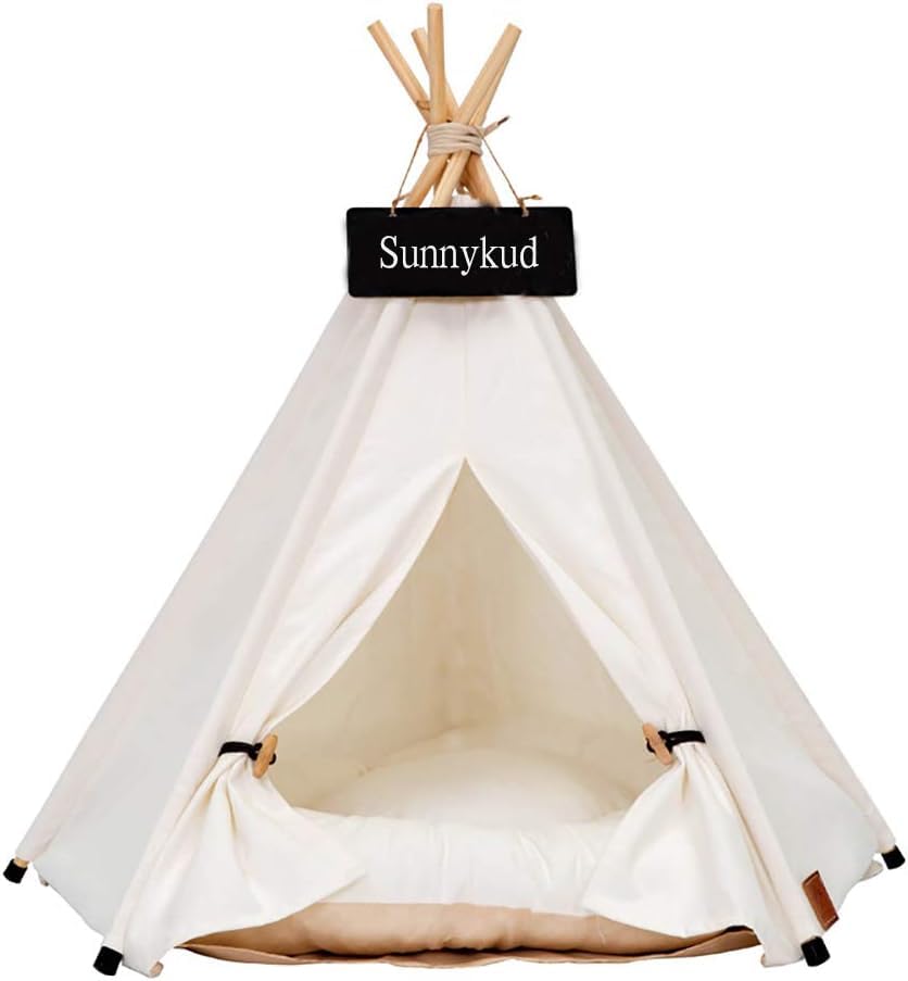 Sunnykud Tipi Zelt für Haustiere Hundezelt Katzenzelt Haustierzelte Häuser mit Kissen Abnehmbar und Waschbar Haustierbett Wegklappen Haustier Hundebett Katzenbett (S:40x40x50cm, weiß)