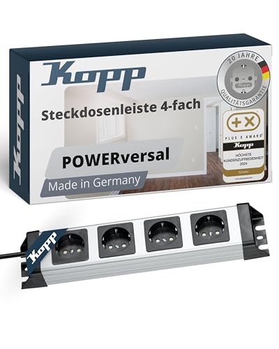 Kopp POWERversal 4-Fach Steckdosenleiste in Silber-Schwarz - Mehrfachsteckdose mit erhöhtem Berührungsschutz - IP20 Wand-Steckdosenleiste mit 1,4m Zuleitung & 90° gedrehten Anschlüssen