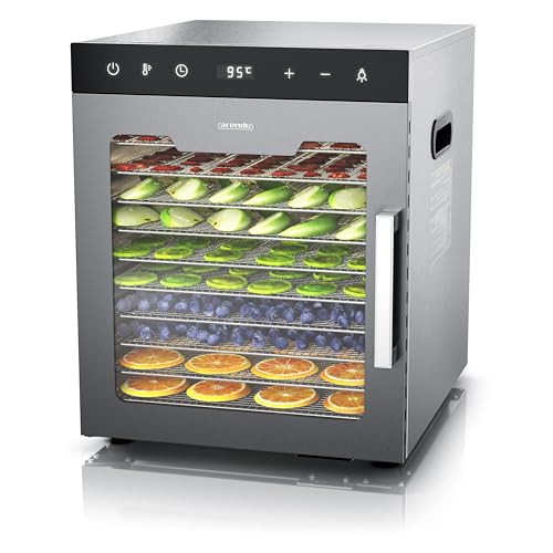 Arendo - Dörrautomat Edelstahl mit 10 Edelstahlgitter - 800 W - 35°-85°C - 10 Edelstahl Einlegetabletts mit insgesamt 8400 cm² - Dörrgerät Dehydrator Obsttrockner Dörrapparat - Obst Fleisch Pilze uvm