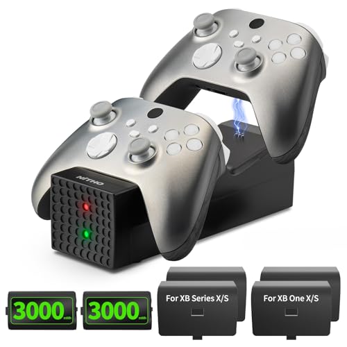 Nitho Ladestation mit 2 Wiederaufladbaren Akkus für Xbox One/Series X|S/Elite Controller, Xbox Controller Schnelllade Ladegerät mit 2 x 3000mWh Akkus, LED-Ladeanzeige