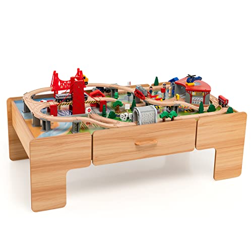 COSTWAY 100 teiliges Kinder Eisenbahn Set, Spieltisch aus Holz mit umkehrbarer Tischplatte & Schublade, Holzeisenbahn Zug Spielzeug für Kinder ab 3 Jahre (100 teilig)