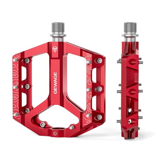 GEWAGE MTB Pedale Fahrradpedale Set – Flat Pedale für Mountainbike & Gravel Bike, rutschfest & langlebig, Aluminiumlegierung, CNC-gefräst, 9/16' Achse, einfache Installation (Rot)
