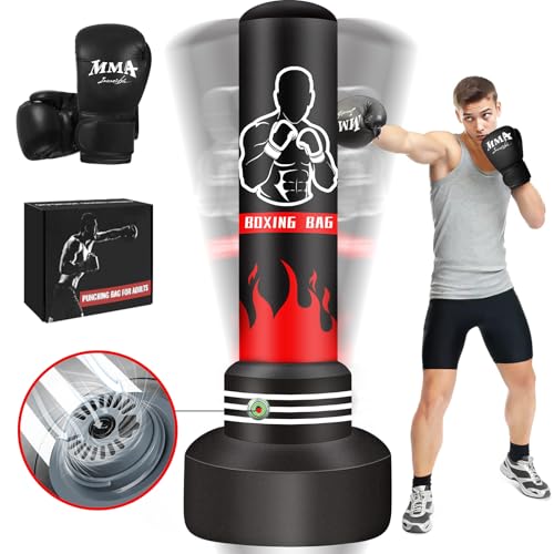 JUOIFIP Schwerer Boxsack Stehend Erwachsene Jugendliche, 180cm freistehender Standboxsack mit Handschuhen & Eingebaute Luftpumpe, Kickboxen aufblasbarer Boxsack für Training Thai Fitness Karate