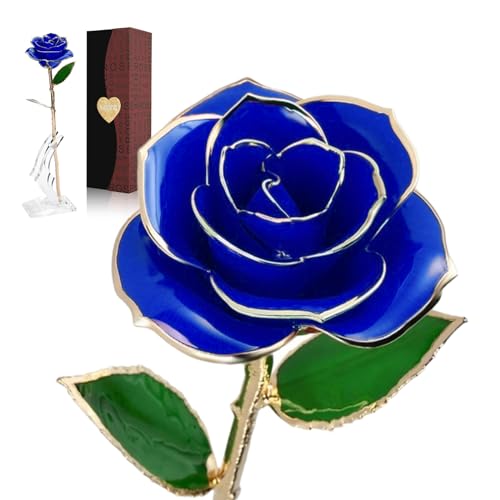 bestyks Ewige Rose 24K Vergoldet mit echten Blütenblättern Ständer und Box Künstliche Blume Geschenk für Frau Freundin Mama Valentinstag Geburtstag (Blau)