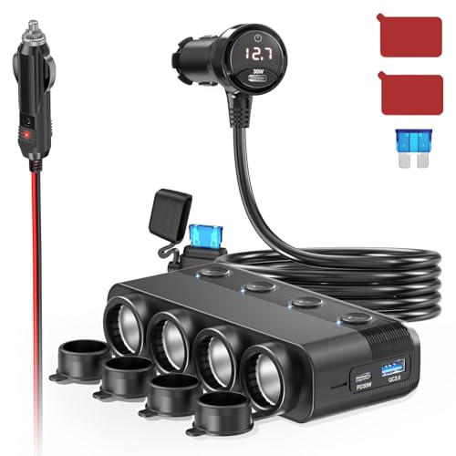 4-Steckdose Auto 12 Volt Verteiler 300W: Doppel PD30W KFZ Zigarettenanzünder Adapter DC 12v USB C Ladegerät Mehrfach Stecker Splitter mit Schalter LED Volteter für iPhone Sitzheizung GPS Kamera Navi