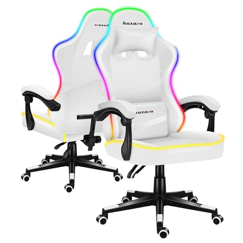 huzaro Force 4.4 RGB White | LED Beleuchtung Gaming Stuhl Bürostuhl Schreibtischstuhl Ergonomischer Kunstleder Stoff | Kopfstütze Lendenkissen Höhenverstellbar Wippfunktion 130 kg belastbar | Weiß