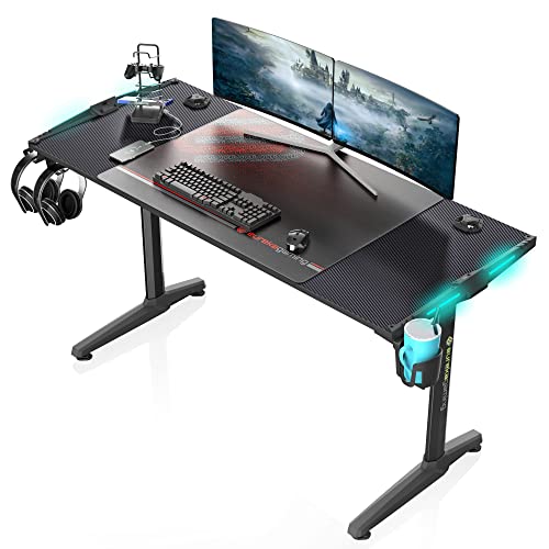 EUREKA ERGONOMIC Gaming Tisch mit LED Groß Gamer Tisch 148 × 60 cm Gaming Schreibtisch PC Computertisch mit Kabelmanagement Gaming Computertisch, Getränkehalter und Kopfhörerhalter Schwarz