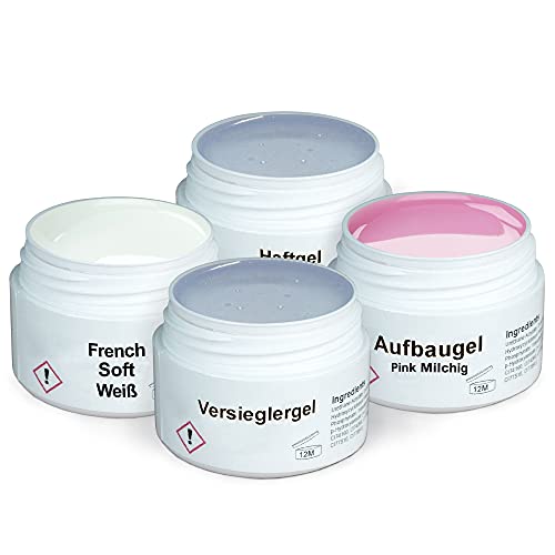 GS-Nails UV Gel-Set Babyboomer- 4x 15ml Nagel-Gel für Nail-Art & Nagel-Design - Haft-Gel, mittelviskoses Aufbau-Gel Pink milchig, Versiegelungs-Gel, French soft-Weiß - 60ml