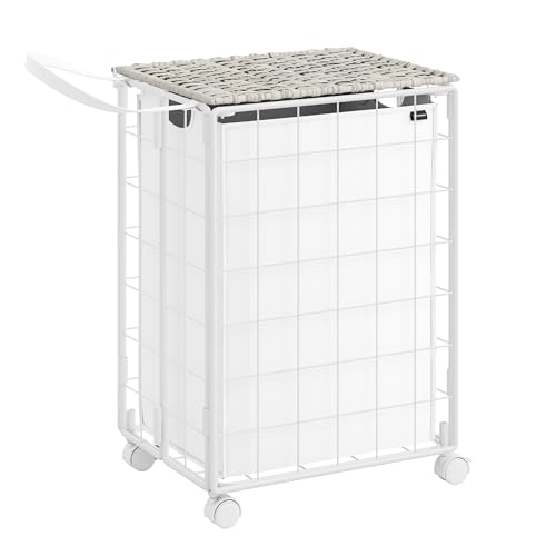 SONGMICS Wäschekorb, 90 L, faltbarer Wäschesammler mit Rollen, Wäschebox, Wäschewagen mit Deckel, Wäschesack herausnehmbar, 46 x 33 x 65 cm, wolkenweiß LCB290W01
