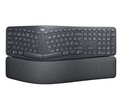 Logitech Ergo K860 kabellose ergonomische Tastatur – Geteilte Tastatur, Handballenauflage, Bluetooth und USB-Verbindung, für Windows/Mac, Skandinavisch QWERTY-Layout - Graphit [Bulk]