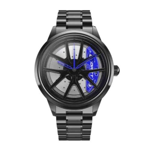 DriftElement Nitro Felgenuhr Herren – M3 Sportwagen Herrenarmbanduhr im 3D-Design aus Edelstahl – individuelle Designer-Quarzuhr mit Mineralglas (Blau)
